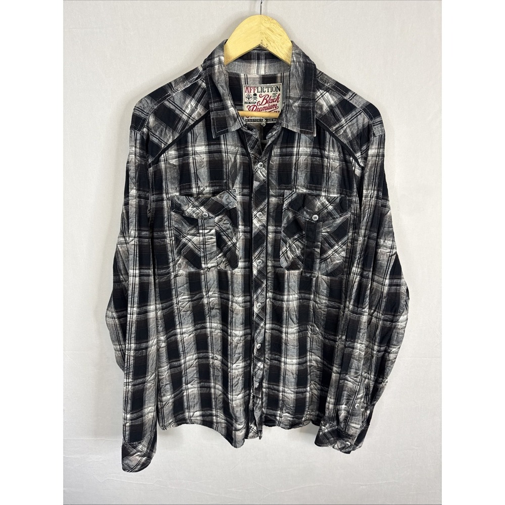 Affliction Black Premium Plaid Shirt Skull Back Graphic Western Men's XL
